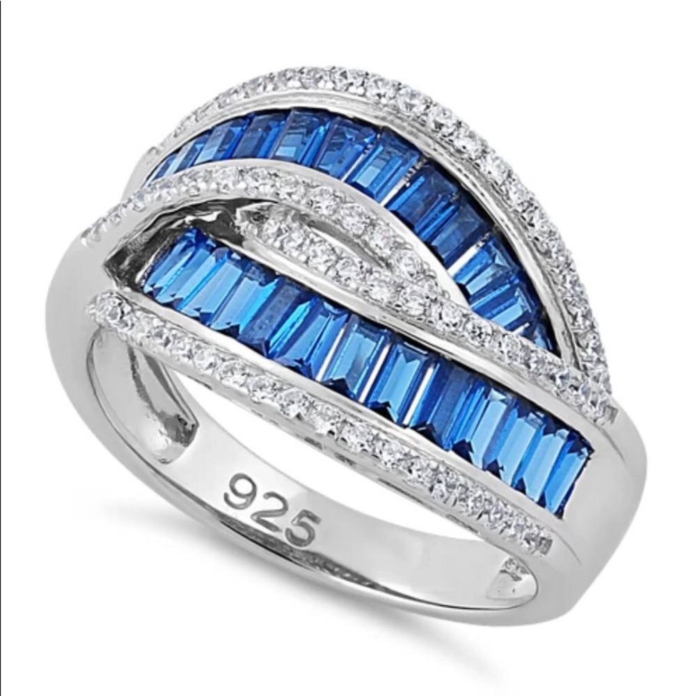 925 STERLING SILVER Blue Spinel & Cubic Zirconia Crossover Ring - Picture 12 of 15